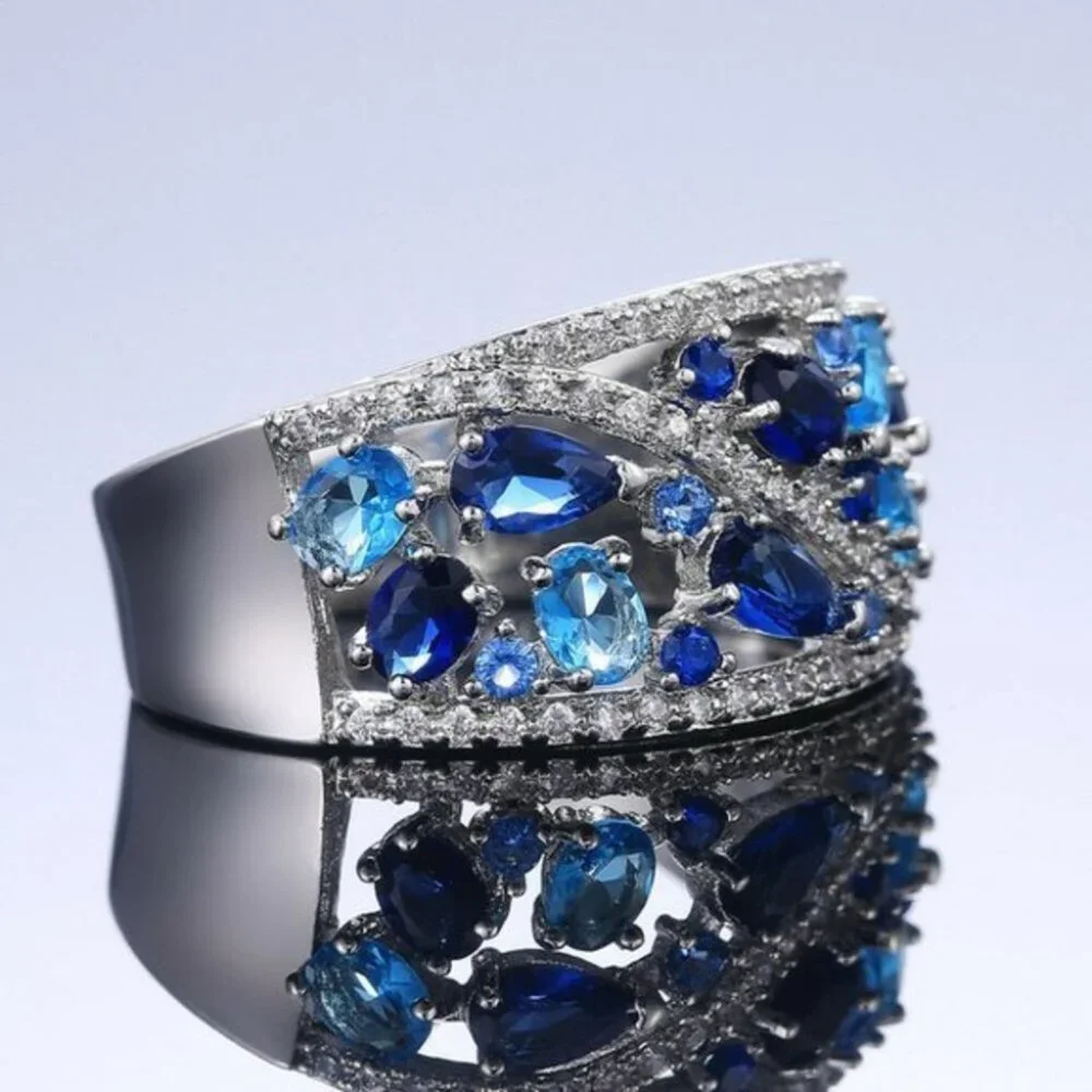 New Gorgeous 925 Silver, Aquamarine & Sapphire Ring